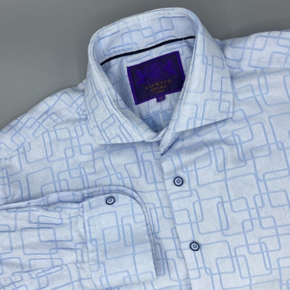Curtis Chelsea‎ Mens Dress Shirt Sz Large Blue w/Designs & Faint Paisley Pattern